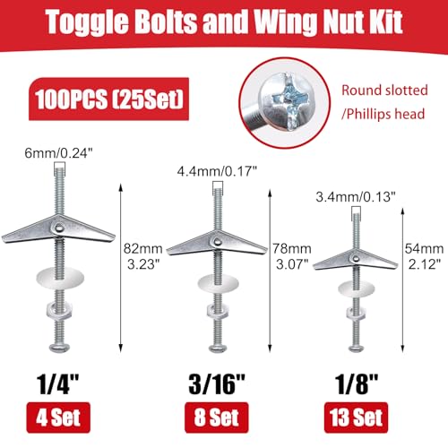 Bemaka (1/8" 3/16" 1/4" 1/4"-20 11 Sizes Assortment kit) (Silver/Multicolor/White) (Optional) Toggle Bolts for Drywall, Heavy Duty Drywall Anchors and Screws Kit for Hollow Wall, Ceiling