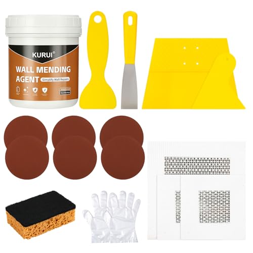 KURUI Drywall Repair Kit, 8.8oz Spackle Wall Repair Paste with Scraper, 6 Sandpaper Sheets & Self Adhesive Dry Wall Patch Kits, Easy Hole Filler for Drywall, Plaster and Home Repair
