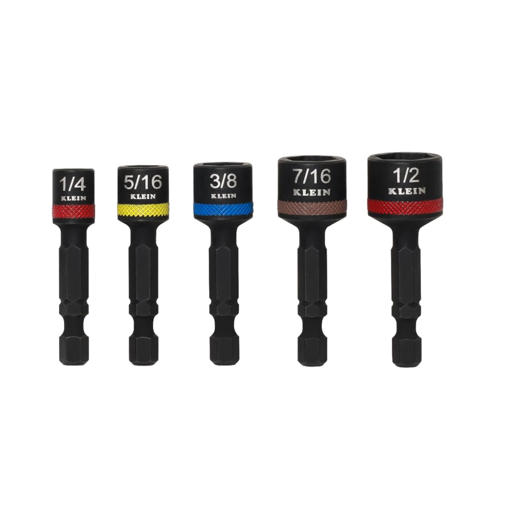 Klein Tools SAE Magnetic Hollow Impact Nut Drivers Set, 6-Piece Color Coded Hollow Power Nut Driver with Extended Reach, 6 SAE Sizes