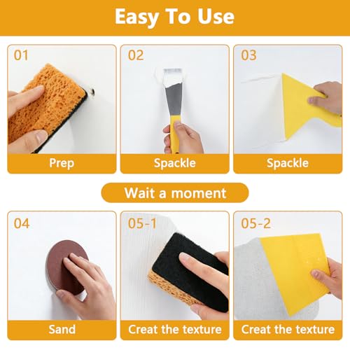 KURUI Drywall Repair Kit, 8.8oz Spackle Wall Repair Paste with Scraper, 6 Sandpaper Sheets & Self Adhesive Dry Wall Patch Kits, Easy Hole Filler for Drywall, Plaster and Home Repair