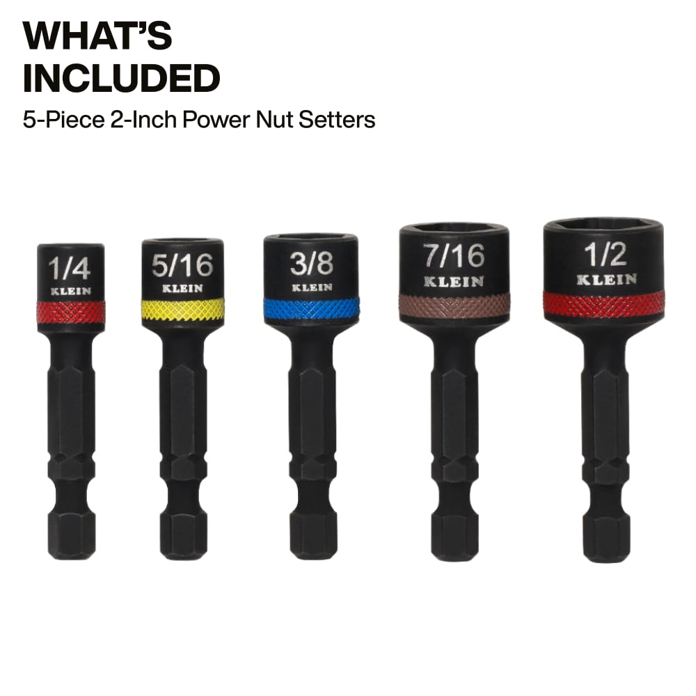 Klein Tools SAE Magnetic Hollow Impact Nut Drivers Set, 6-Piece Color Coded Hollow Power Nut Driver with Extended Reach, 6 SAE Sizes