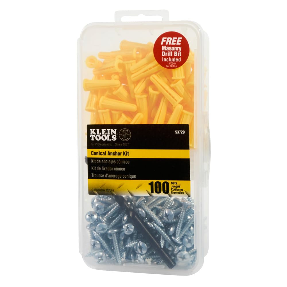 Klein Tools 53729 Conical Anchor Kit, 100 Anchors, 100#2 Phillips, 1/4 Inch Masonry Drill Bit, Drywall and Masonry