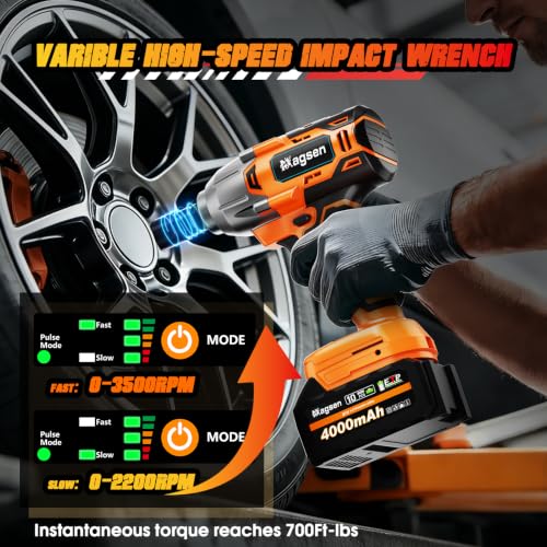 MAGSEN Cordless Impact Wrench 700 FT-LBS(950N.m) 1/2 Impact Gun High Torque Electric Impact Driver Cordless Impact Wrench with 21V 2x4.0Ah Battery 6 Sockets&Case for Home Car Tire Lug Nut Removal Tool