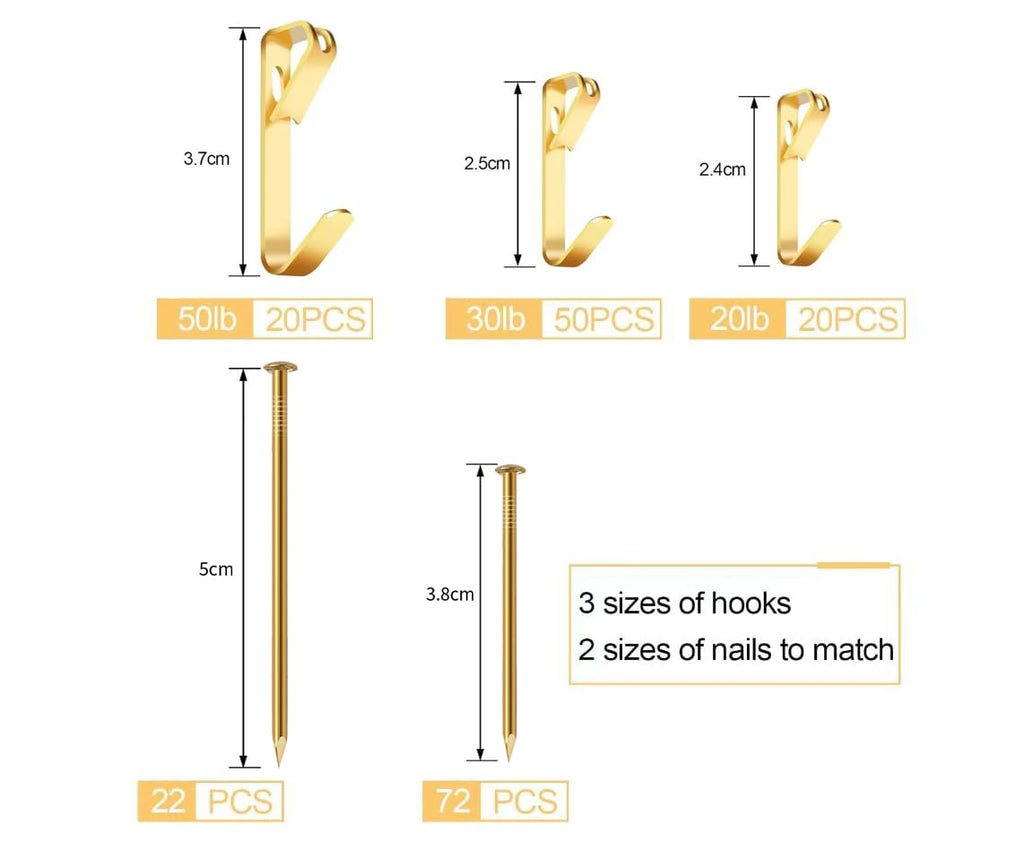 Picture Hanging Kit, 10lb, 30lb, 50lb and 100lb Picture Hangers, Metal Picture Hanging Hooks with Nails, on Drywall, Wooden Wall