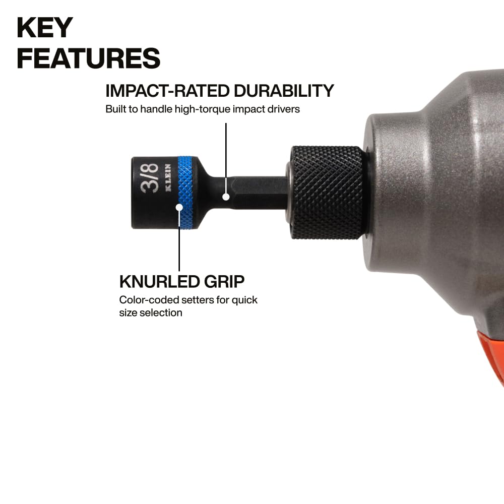 Klein Tools SAE Magnetic Hollow Impact Nut Drivers Set, 6-Piece Color Coded Hollow Power Nut Driver with Extended Reach, 6 SAE Sizes