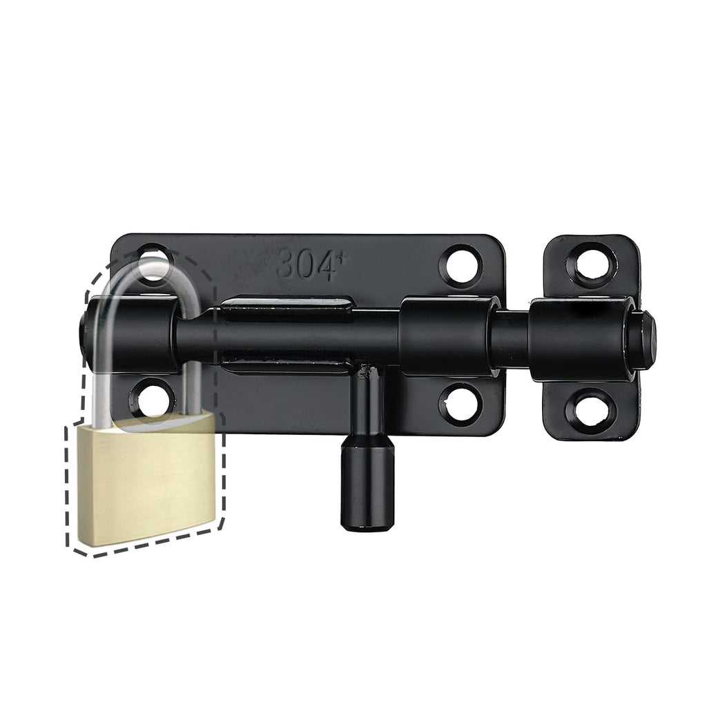 JQK Door Security Slide Latch Lock Barrel Bolt, 304 Stainless Steel Sliding Gate Latches Thickened 1.4mm with Padlock Hole, Silver, HBB120-P
