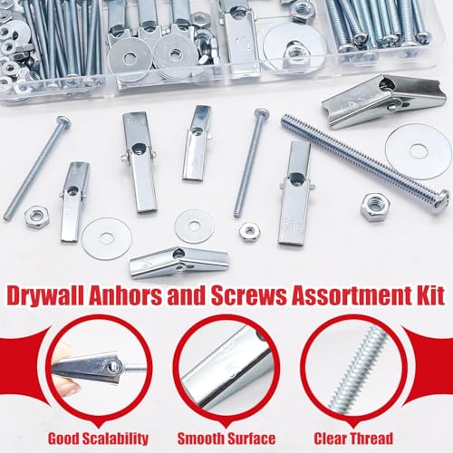 Bemaka (1/8" 3/16" 1/4" 1/4"-20 11 Sizes Assortment kit) (Silver/Multicolor/White) (Optional) Toggle Bolts for Drywall, Heavy Duty Drywall Anchors and Screws Kit for Hollow Wall, Ceiling