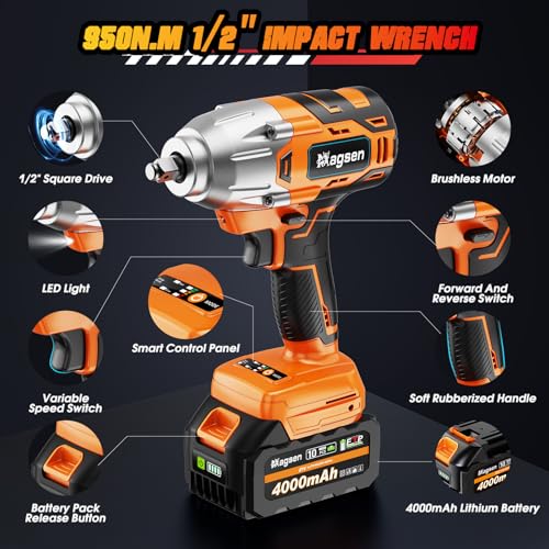 MAGSEN Cordless Impact Wrench 700 FT-LBS(950N.m) 1/2 Impact Gun High Torque Electric Impact Driver Cordless Impact Wrench with 21V 2x4.0Ah Battery 6 Sockets&Case for Home Car Tire Lug Nut Removal Tool