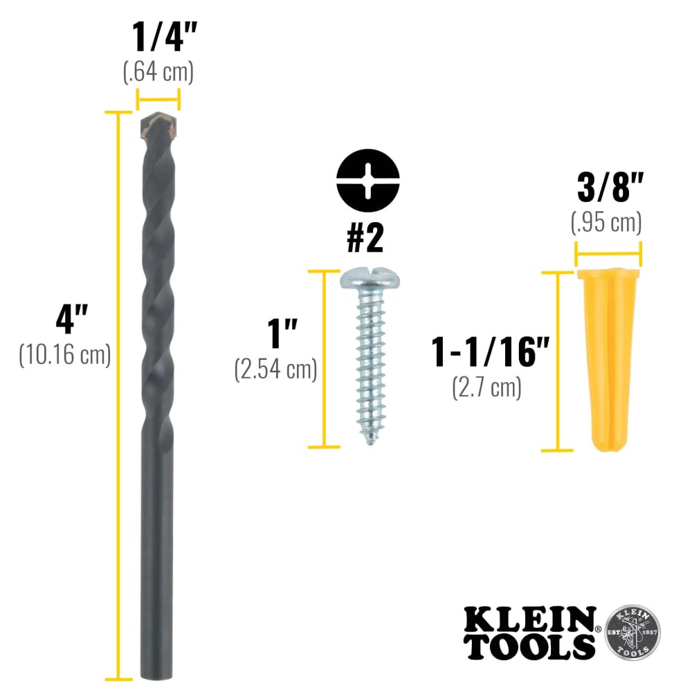 Klein Tools 53729 Conical Anchor Kit, 100 Anchors, 100#2 Phillips, 1/4 Inch Masonry Drill Bit, Drywall and Masonry