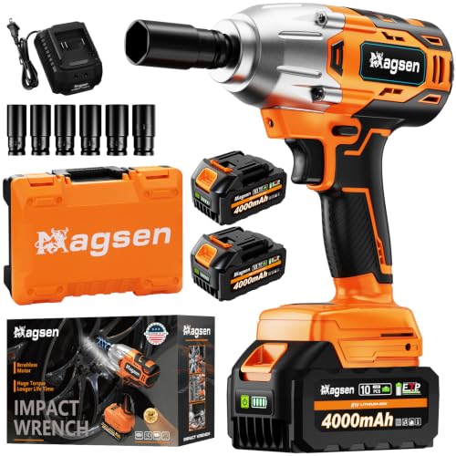 MAGSEN Cordless Impact Wrench 700 FT-LBS(950N.m) 1/2 Impact Gun High Torque Electric Impact Driver Cordless Impact Wrench with 21V 2x4.0Ah Battery 6 Sockets&Case for Home Car Tire Lug Nut Removal Tool