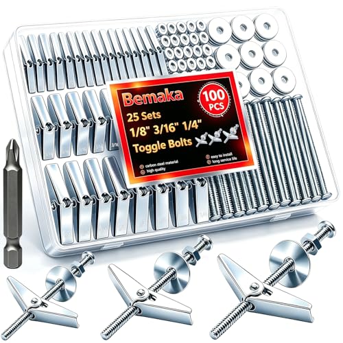 Bemaka (1/8" 3/16" 1/4" 1/4"-20 11 Sizes Assortment kit) (Silver/Multicolor/White) (Optional) Toggle Bolts for Drywall, Heavy Duty Drywall Anchors and Screws Kit for Hollow Wall, Ceiling