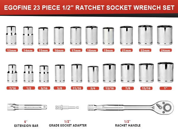 Egofine Drive Socket Ratchet Wrench Set, with Socket Set Metric and Extension Bar for Auto Repairing and Household, with Storage Case