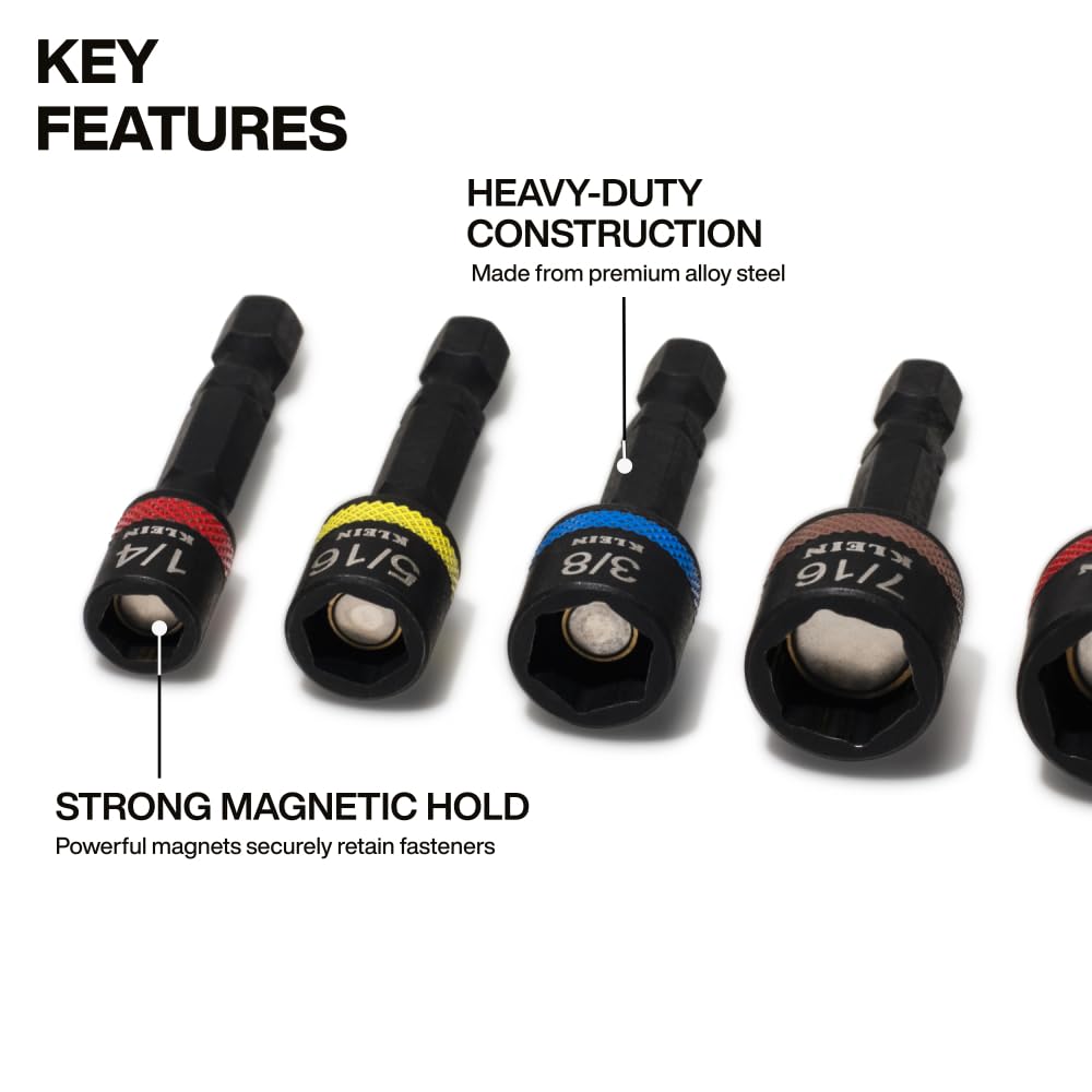 Klein Tools SAE Magnetic Hollow Impact Nut Drivers Set, 6-Piece Color Coded Hollow Power Nut Driver with Extended Reach, 6 SAE Sizes