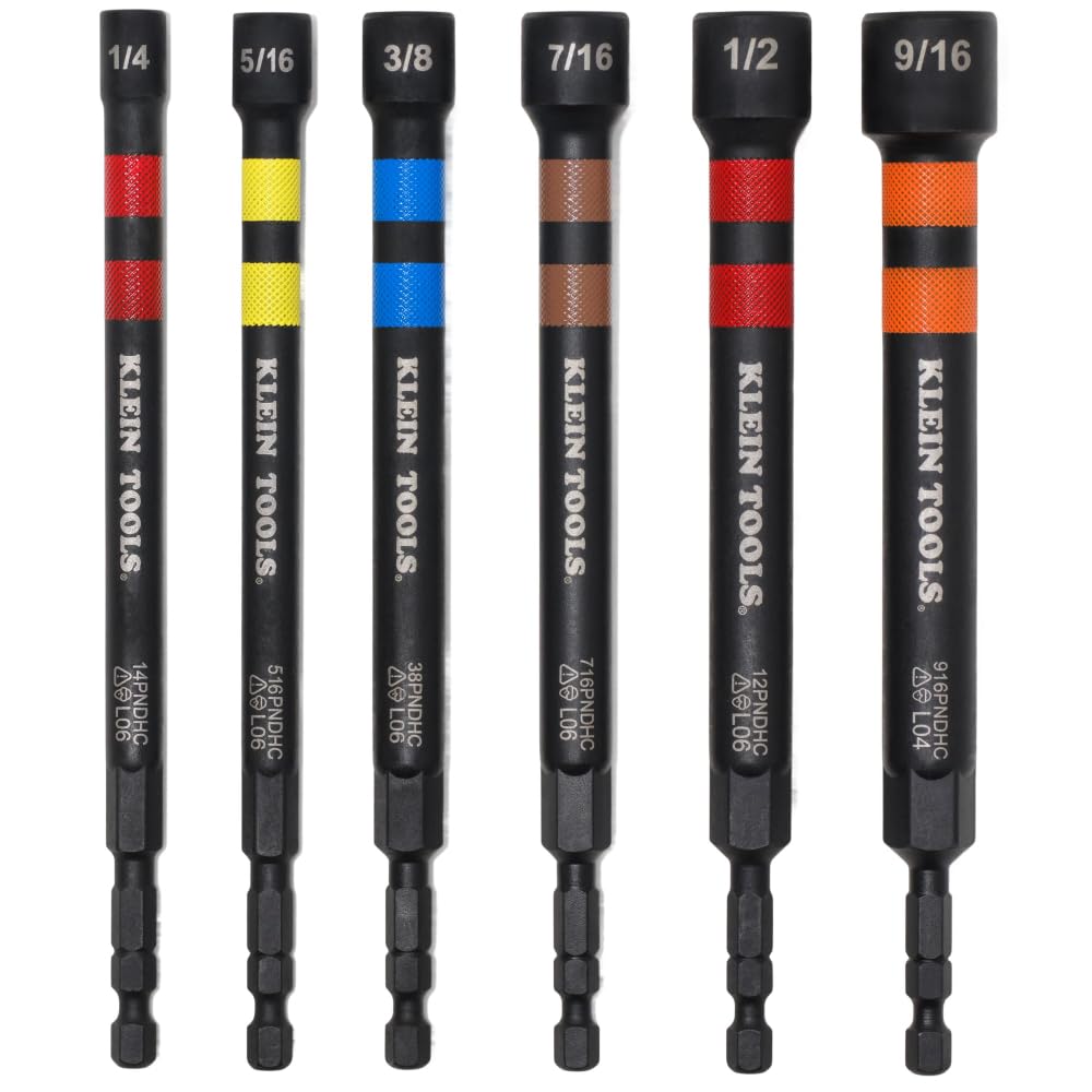 Klein Tools SAE Magnetic Hollow Impact Nut Drivers Set, 6-Piece Color Coded Hollow Power Nut Driver with Extended Reach, 6 SAE Sizes