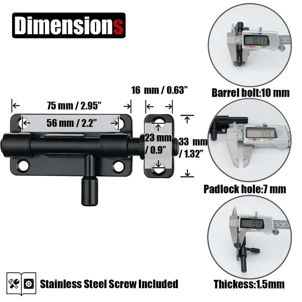 JQK Door Security Slide Latch Lock Barrel Bolt, 304 Stainless Steel Sliding Gate Latches Thickened 1.4mm with Padlock Hole, Silver, HBB120-P