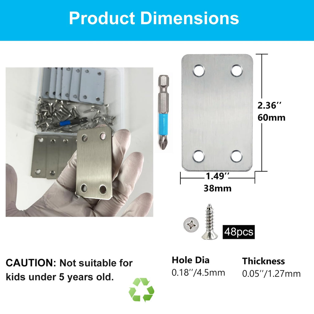 Black Flat Mending Plate, Stainless Steel Bracket, Straight Metal Brace Bracket, Fixing Joining Plate for Wood Furniture Fastening & Fixing