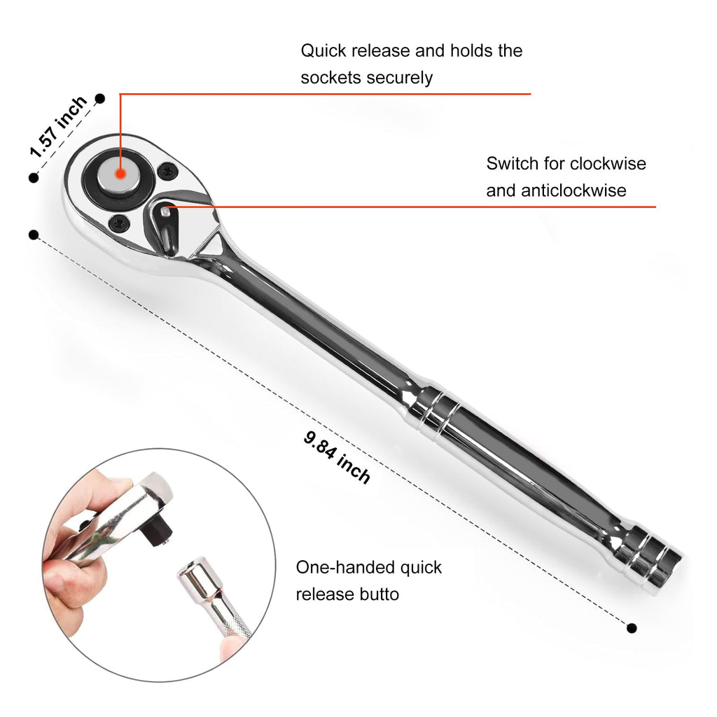 Egofine Drive Socket Ratchet Wrench Set, with Socket Set Metric and Extension Bar for Auto Repairing and Household, with Storage Case