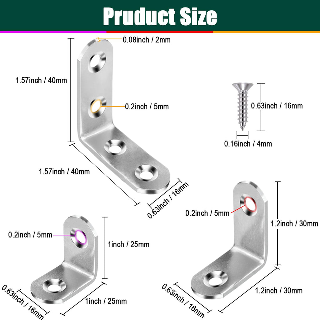 YEWLACA L Bracket Corner Braces Heavy Duty Stainless Steel 90 Degree Joints Right Angle Bracket L Shaped Corner Brackets Fastener for Wood Furniture, Screws Included