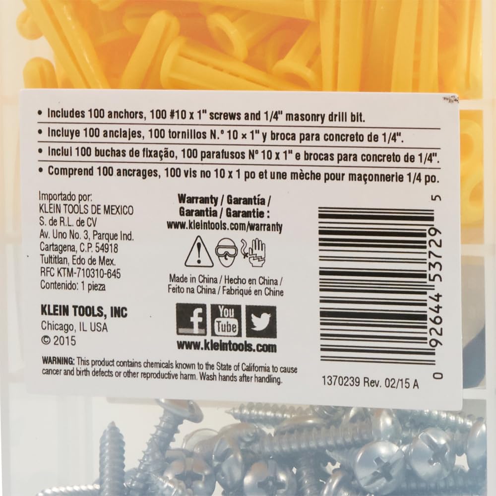 Klein Tools 53729 Conical Anchor Kit, 100 Anchors, 100#2 Phillips, 1/4 Inch Masonry Drill Bit, Drywall and Masonry