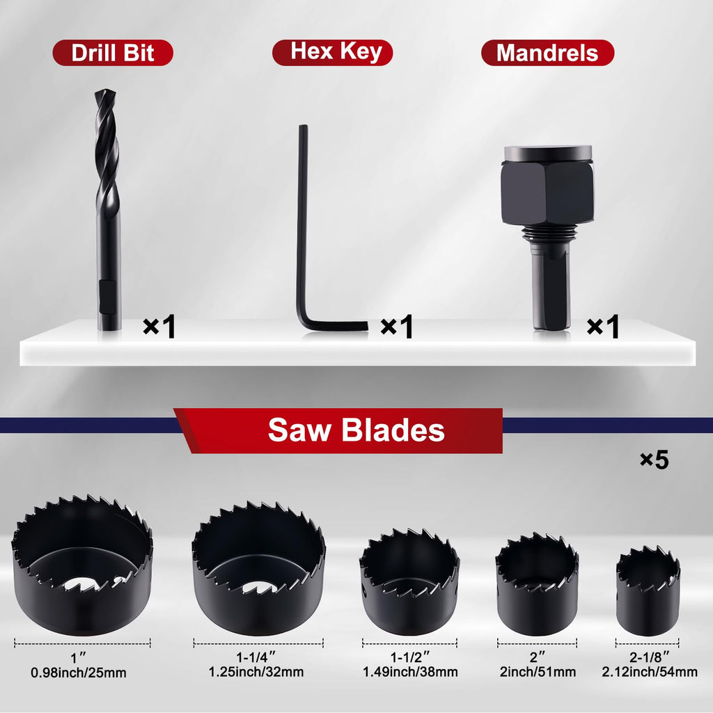 HIDOTOL 8PC Hole Saw Kit 1" to 2-1/8"(25-54mm) in Case with Drill Bits, Mandrels and Hex Key, Smooth Cutting for Soft Wood, Plywood, PVC Board