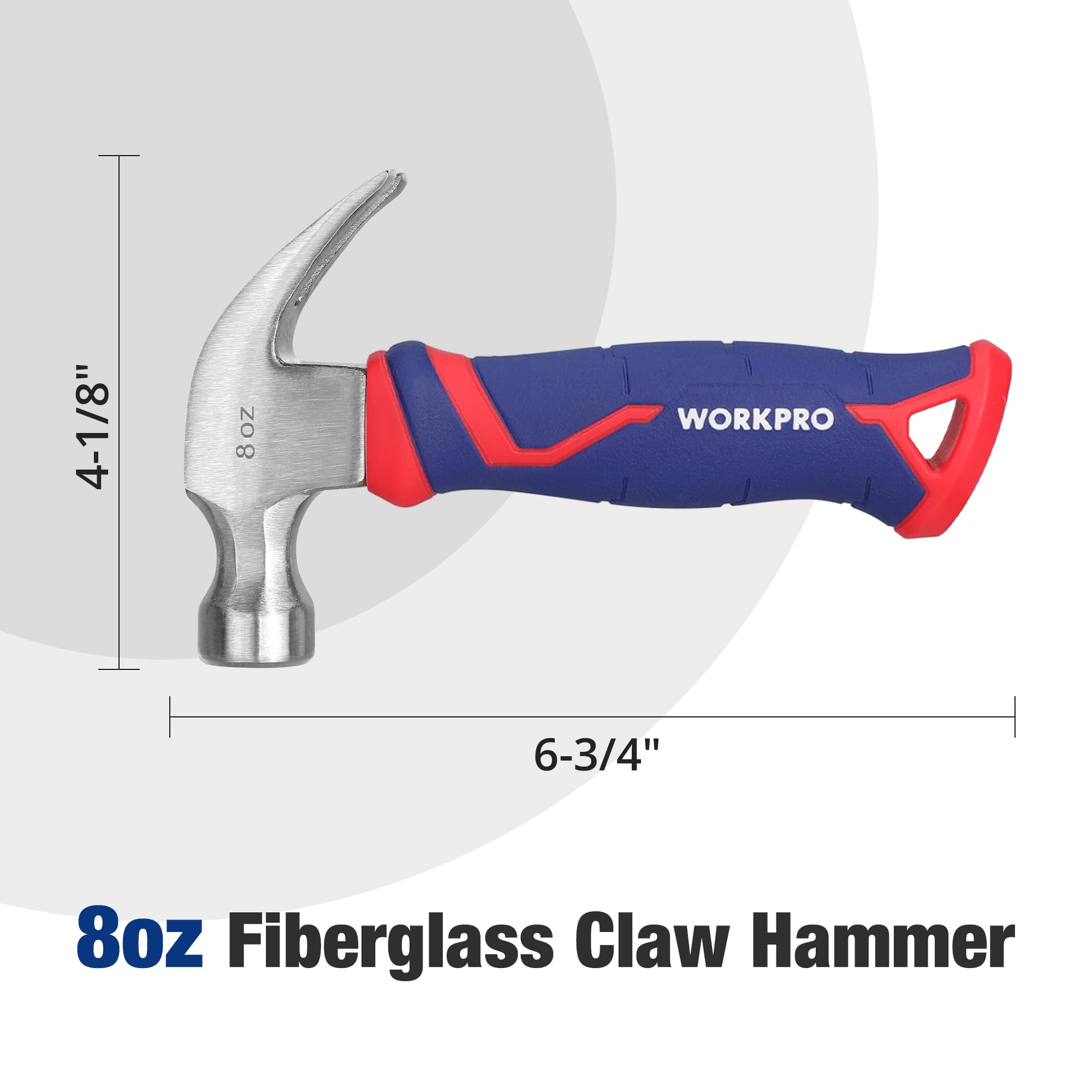 WORKPRO Claw Hammer with Fiberglass Handle, All Purpose Hammer with Forged Hardened Steel Head