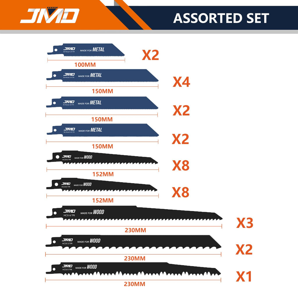 JMD 32-Piece Assorted Reciprocating Saw Blades Set for Wood Metal Cutting