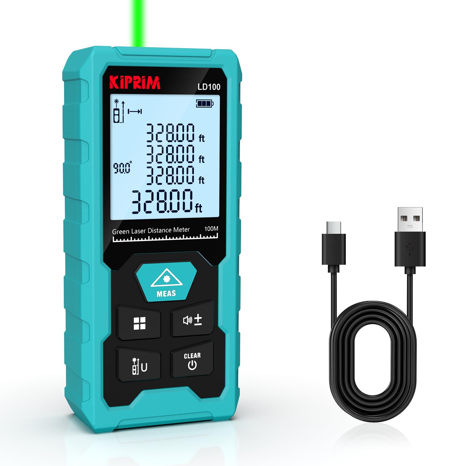 Kiprim LD100 Green Laser Distance Meter,328ft,Rechargeable,Electronic Level