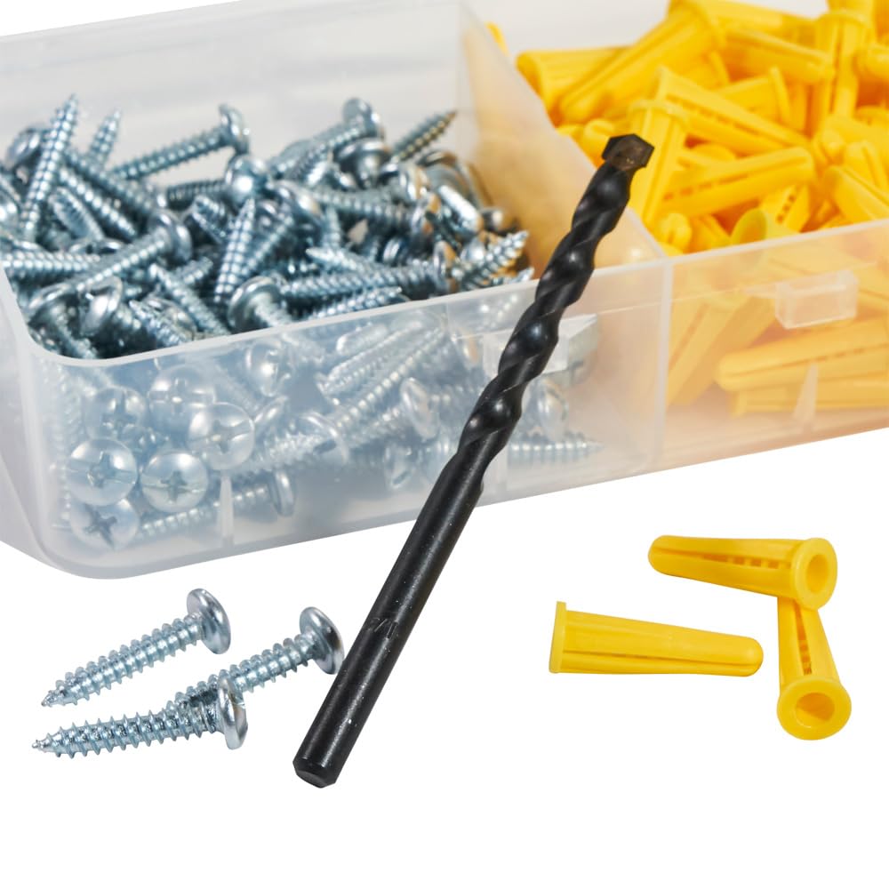 Klein Tools 53729 Conical Anchor Kit, 100 Anchors, 100#2 Phillips, 1/4 Inch Masonry Drill Bit, Drywall and Masonry