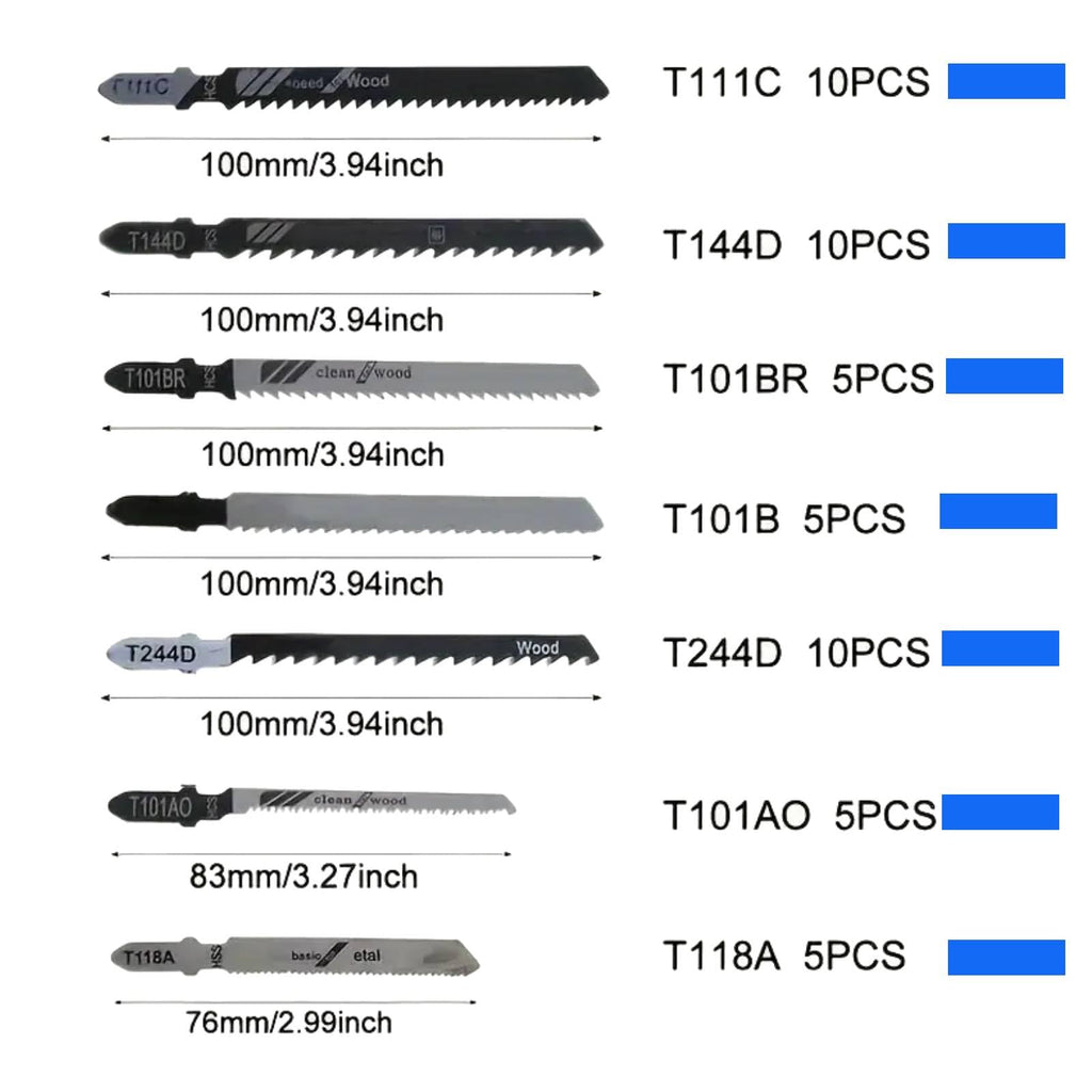 50pcs T Shank Jigsaw Blades Set with Storage Case, Contractor Assorted Jig Saw Blade Set Made with HCS/HSS for Wood Plastic and Metal Cutting, Fits Most Jig Saw Models