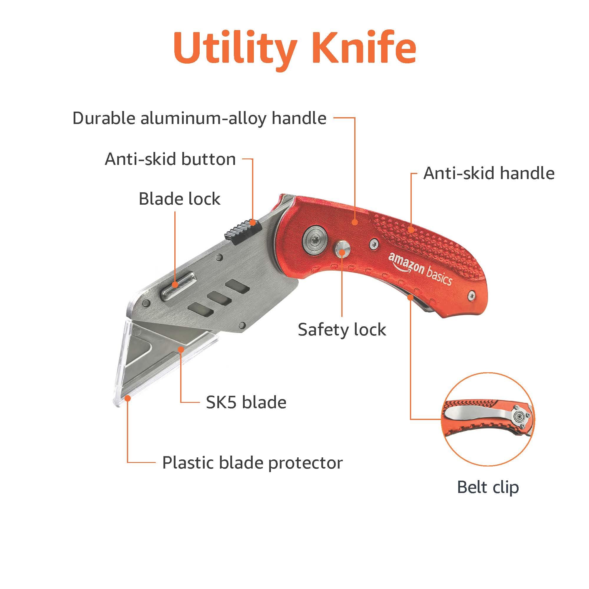 Amazon Basics Folding Utility Knife Box Cutter with Back-lock Mechanism, Portable Lightweight Aluminum Handle, Red