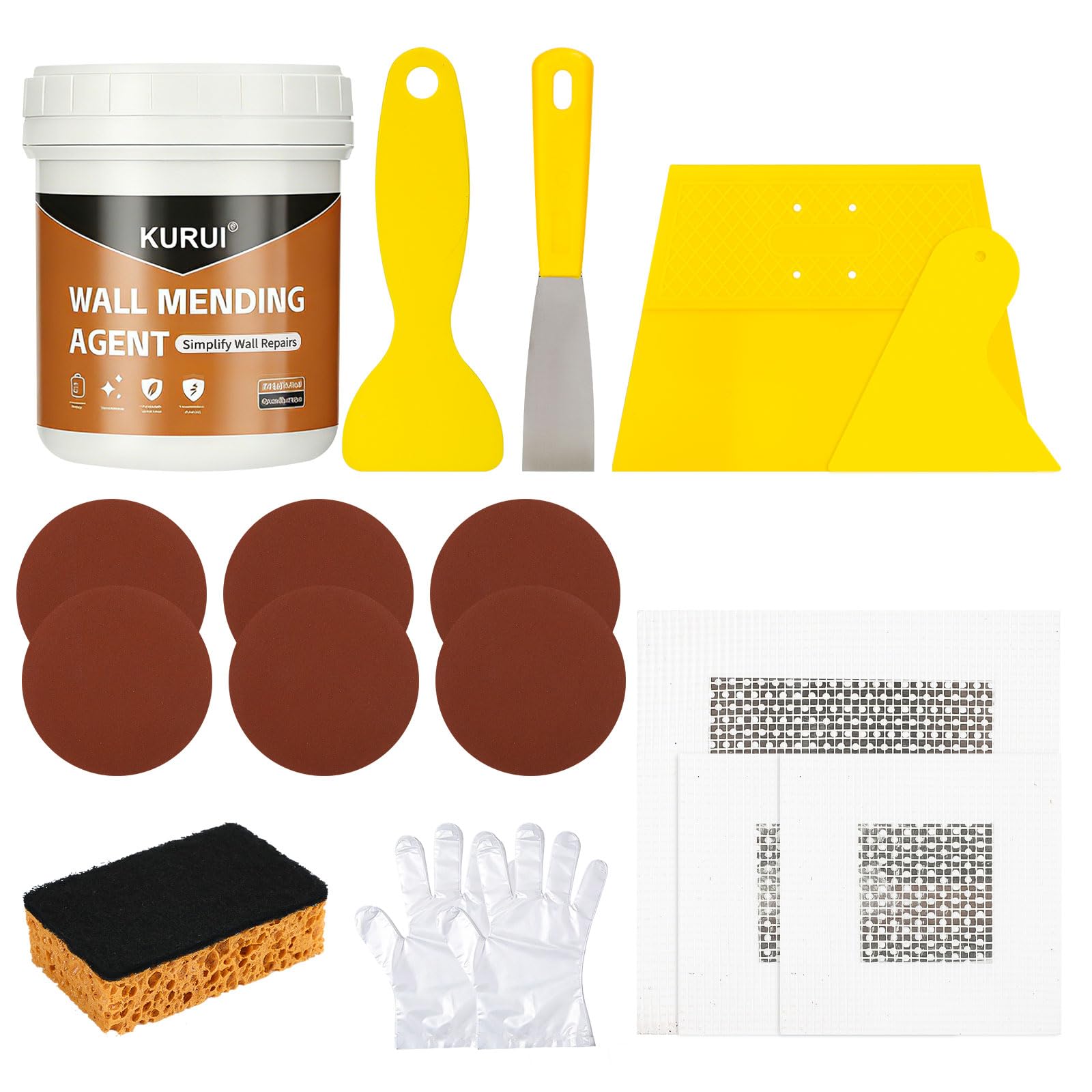KURUI Drywall Repair Kit, 8.8oz Spackle Wall Repair Paste with Scraper, 6 Sandpaper Sheets & Self Adhesive Dry Wall Patch Kits, Easy Hole Filler for Drywall, Plaster and Home Repair