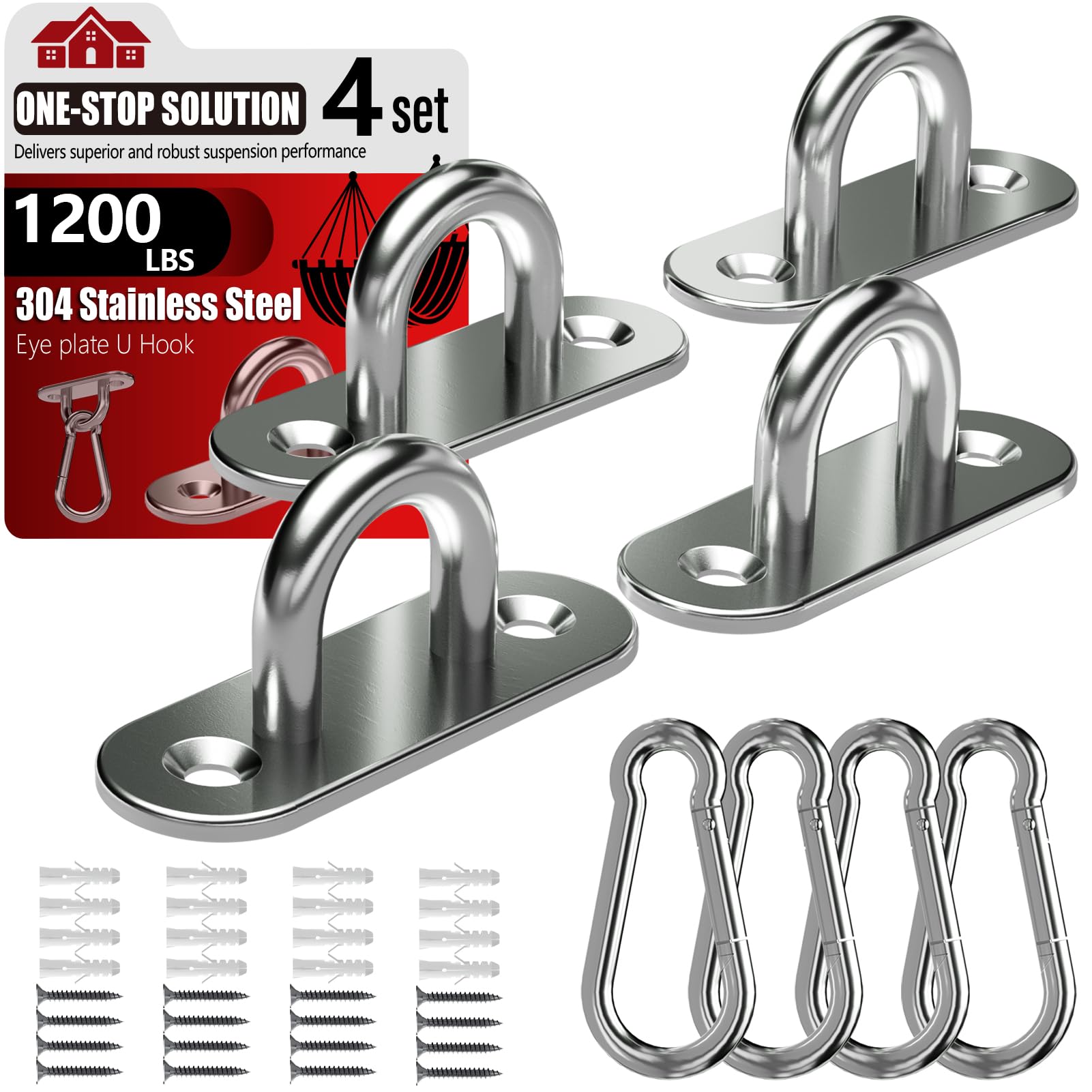 sprookber 304 Stainless Steel Pad Eye Snap Hooks, Heavy Duty Ceiling Hooks, Hammock Swing Hanging kit, Plant Hangers, Marine Hardware Staple Hook Loop with Screws, Set of 8