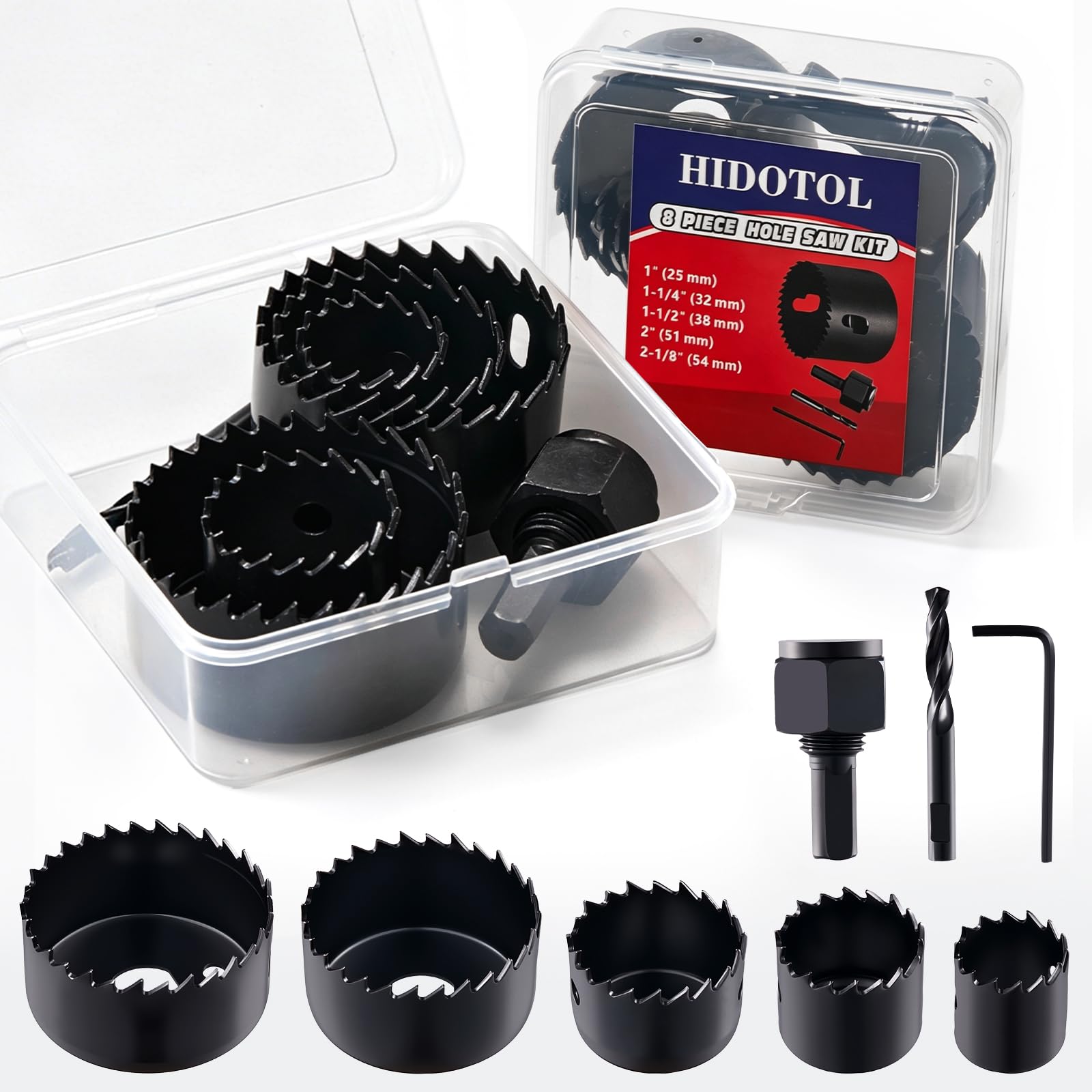 HIDOTOL 8PC Hole Saw Kit 1" to 2-1/8"(25-54mm) in Case with Drill Bits, Mandrels and Hex Key, Smooth Cutting for Soft Wood, Plywood, PVC Board