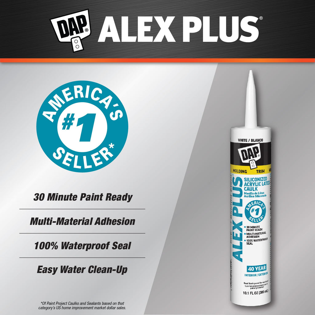 DAP Alex Plus Acrylic Latex Caulk, White, 10.1 Oz (7079818152)