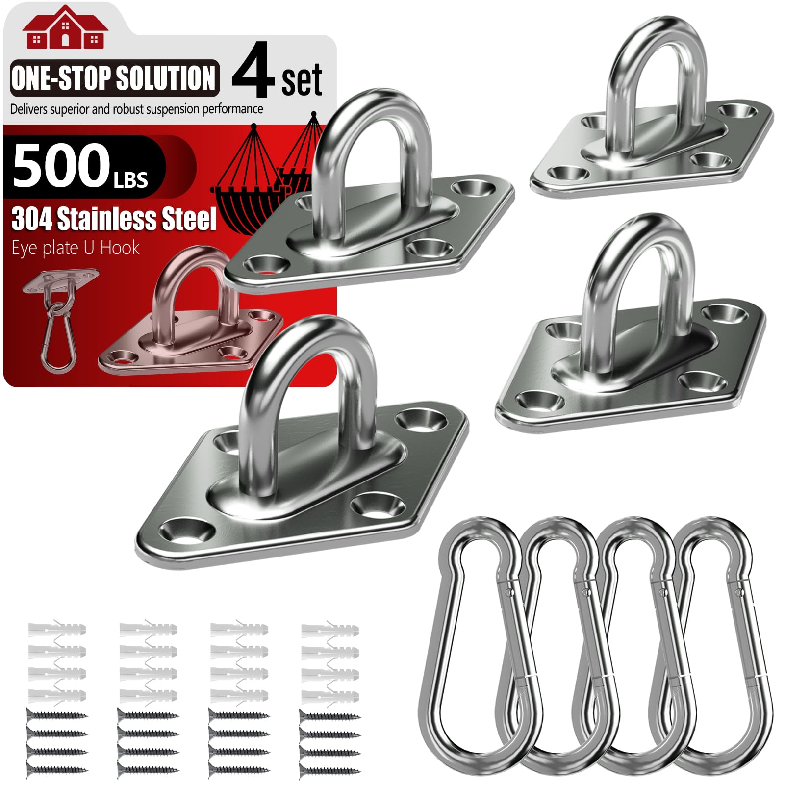 sprookber 304 Stainless Steel Pad Eye Snap Hooks, Heavy Duty Ceiling Hooks, Hammock Swing Hanging kit, Plant Hangers, Marine Hardware Staple Hook Loop with Screws, Set of 8