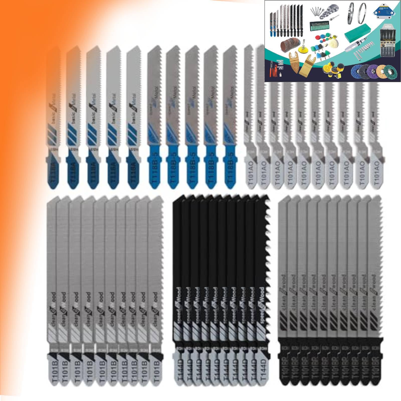 50pcs T Shank Jigsaw Blades Set with Storage Case, Contractor Assorted Jig Saw Blade Set Made with HCS/HSS for Wood Plastic and Metal Cutting, Fits Most Jig Saw Models