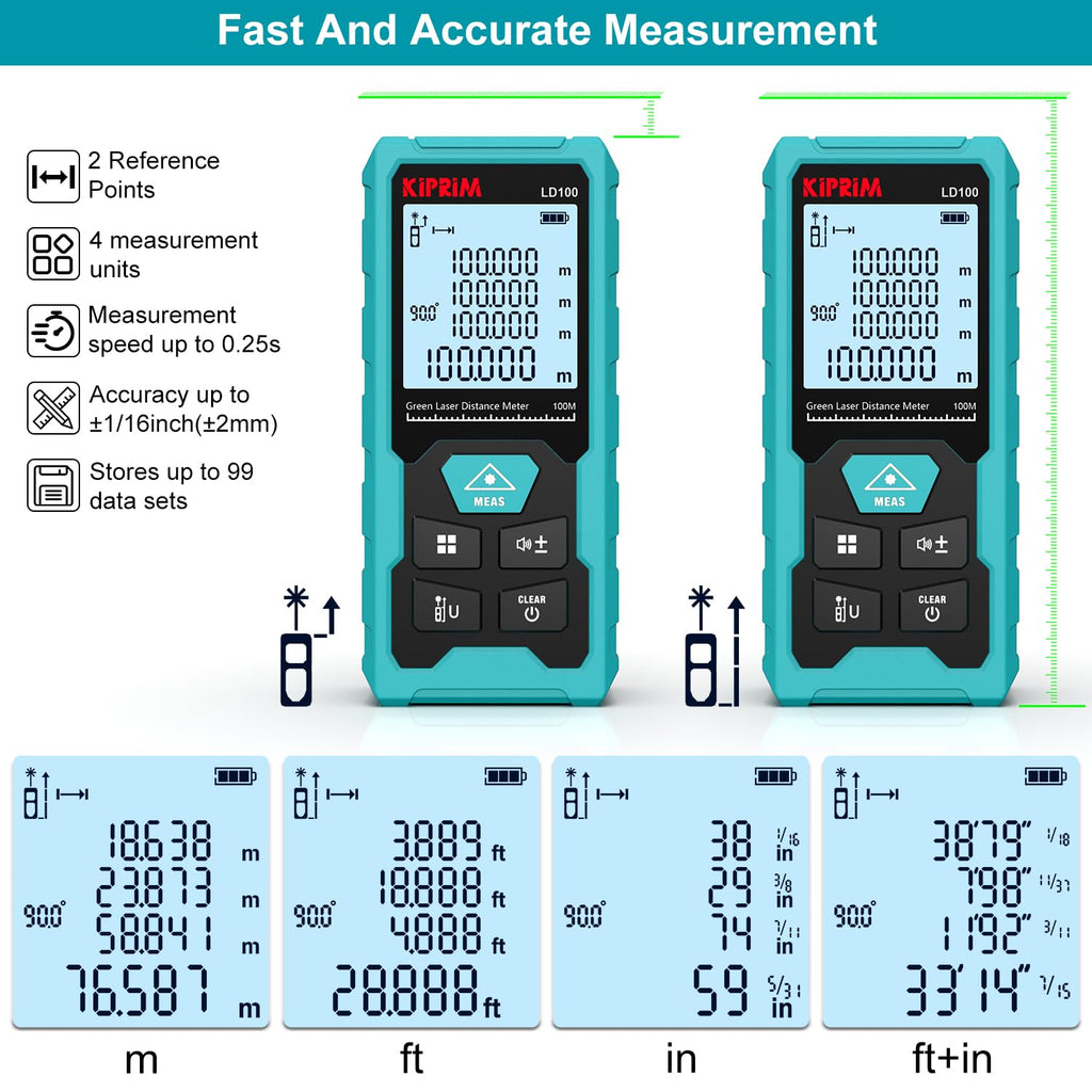Kiprim LD100 Green Laser Distance Meter,328ft,Rechargeable,Electronic Level
