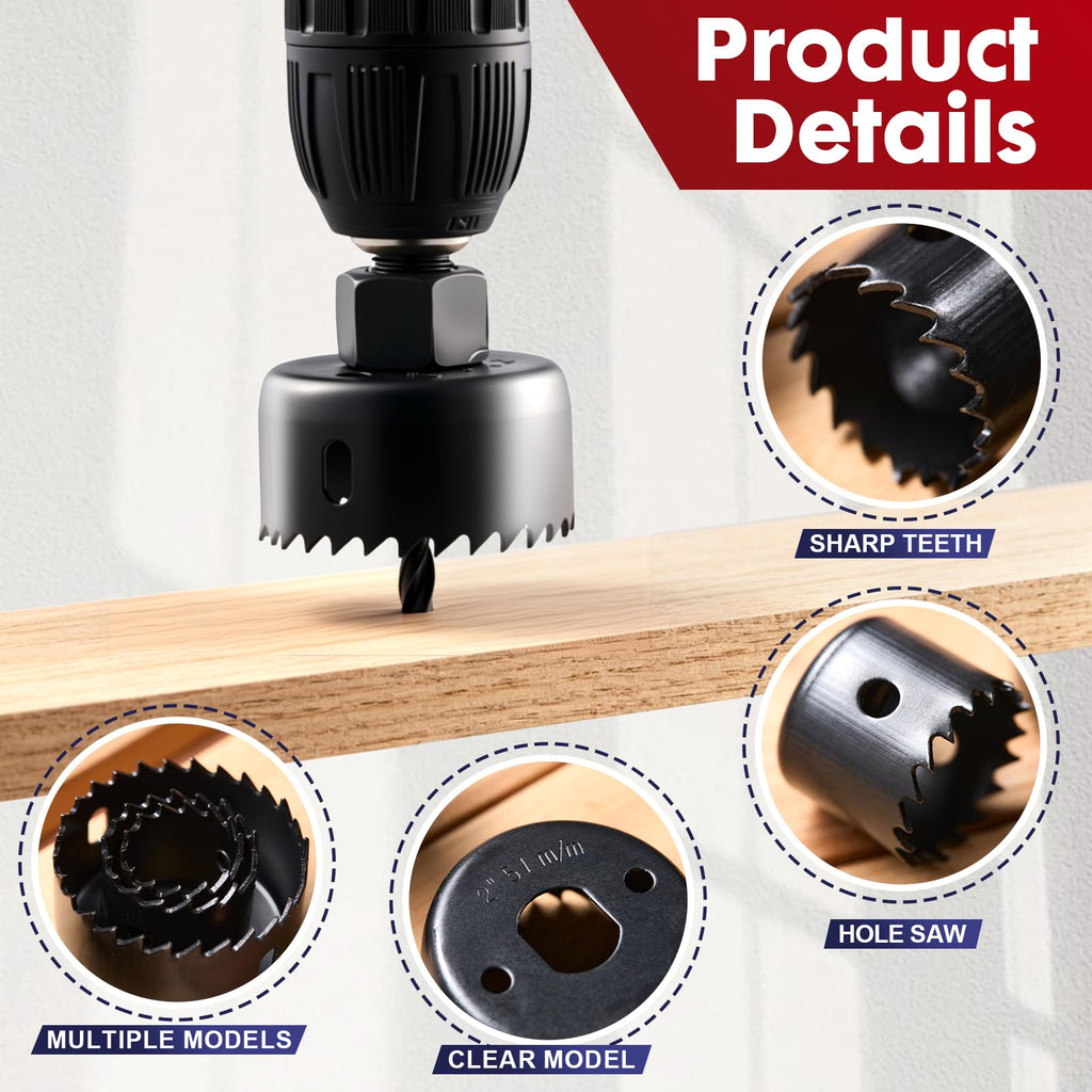 HIDOTOL 8PC Hole Saw Kit 1" to 2-1/8"(25-54mm) in Case with Drill Bits, Mandrels and Hex Key, Smooth Cutting for Soft Wood, Plywood, PVC Board
