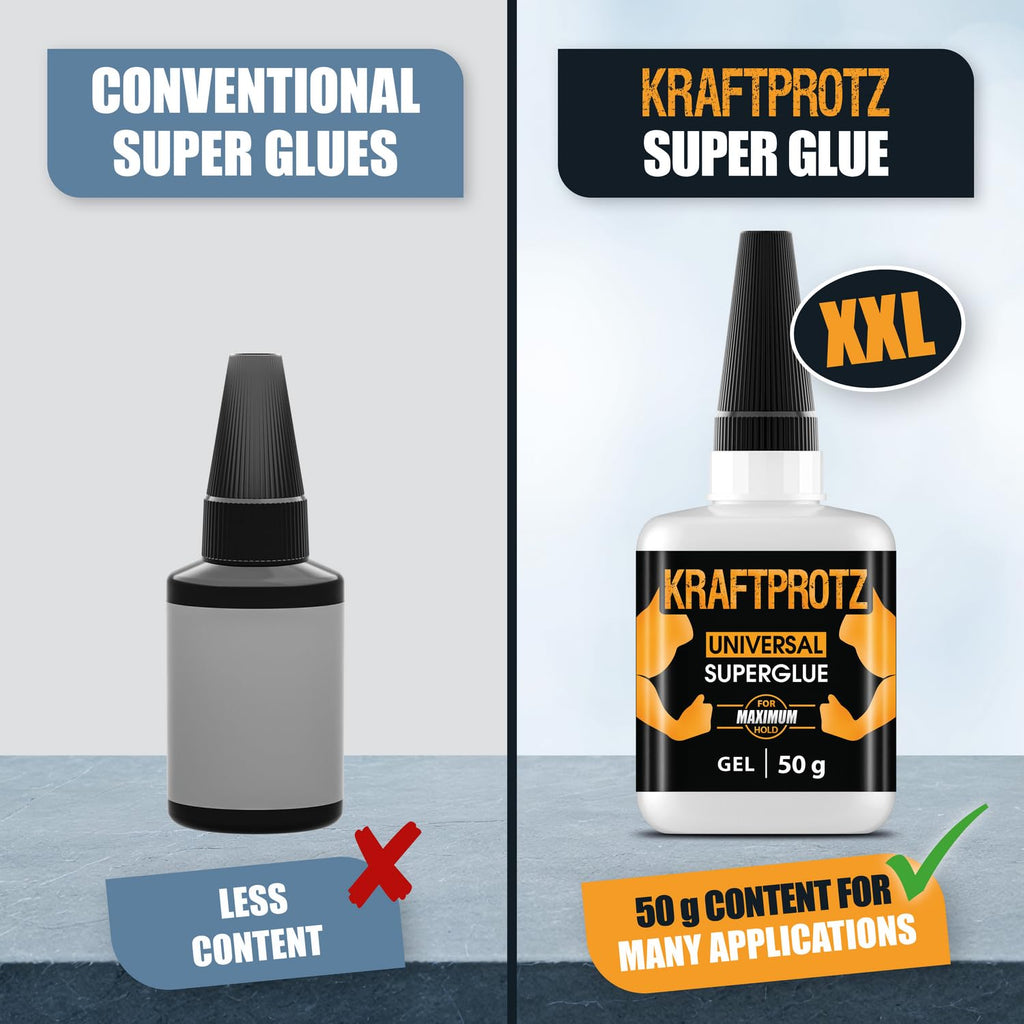 1.76 Fl.Oz. Superglue Extra Strong - Superglue incl. Anti-Drying tip - KRAFTPROTZ - Universally Applicable for bonding Plastic, Synthetic Materials, Glass, Wood, Stone