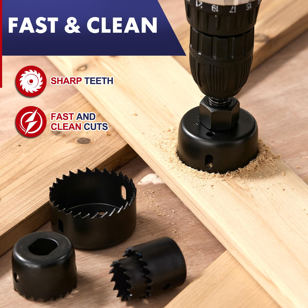 HIDOTOL 8PC Hole Saw Kit 1" to 2-1/8"(25-54mm) in Case with Drill Bits, Mandrels and Hex Key, Smooth Cutting for Soft Wood, Plywood, PVC Board