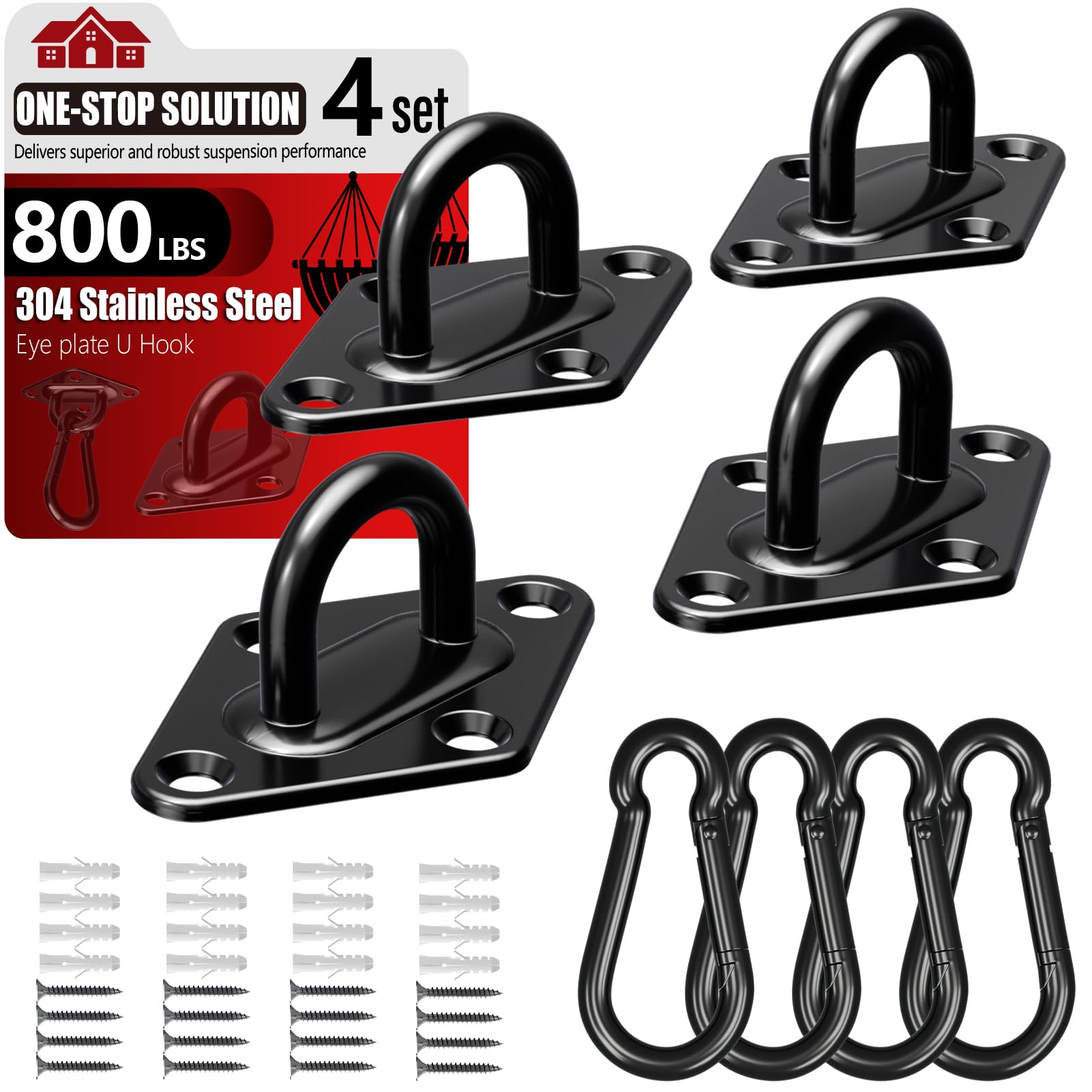 sprookber 304 Stainless Steel Pad Eye Snap Hooks, Heavy Duty Ceiling Hooks, Hammock Swing Hanging kit, Plant Hangers, Marine Hardware Staple Hook Loop with Screws, Set of 8