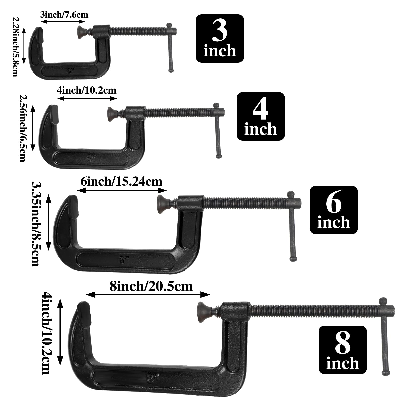 WILLBOND 4 Pcs C Clamps Set 3'' 4'' 6'' 8'' Small Steel Versatile Heavy Duty Welding Clamps Set Jaw Opening Sliding T Bar Handle for DIY Carpentry Caliper Woodworking Welding Building
