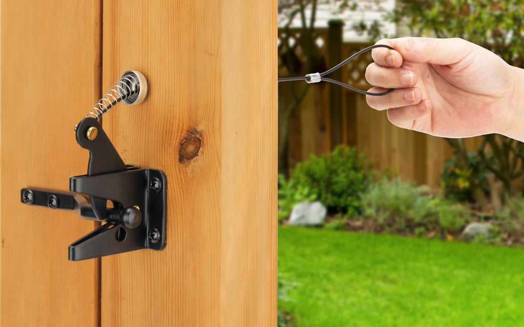 Self Closing Gate Latches with Spring Cable Pulll, Post Mount Automatic Gravity Lever Gate Fence Door Lock for Wooden Fence/Vinyl Door/Aluminum Gate