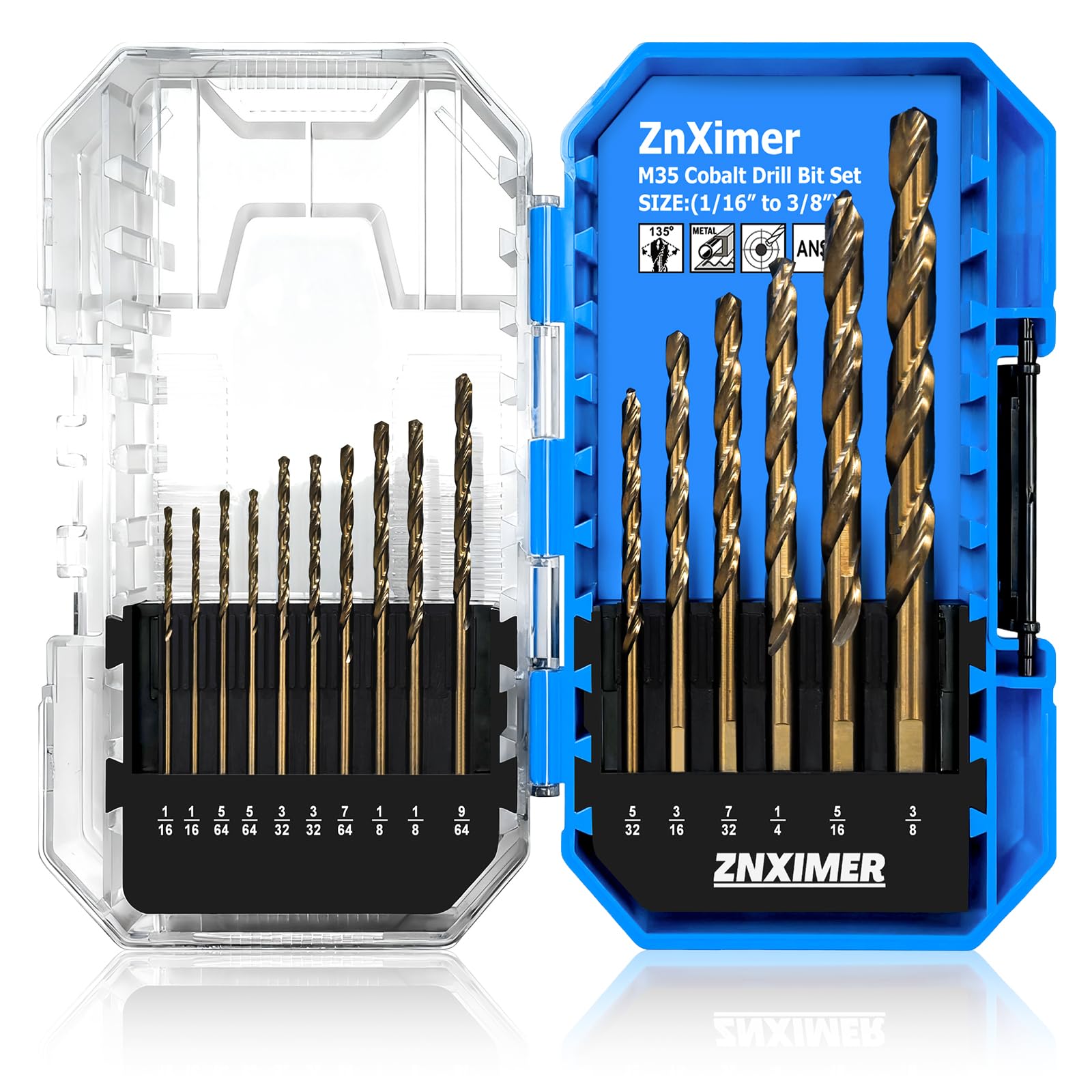 Cobalt Drill Bit Set, ZNXIMER Metal Drill Bit Set for Steel, Hardened Metal, Stainless Steel, 21PCS Drill Bits 1/16" to 1/2" with Index Storage Case