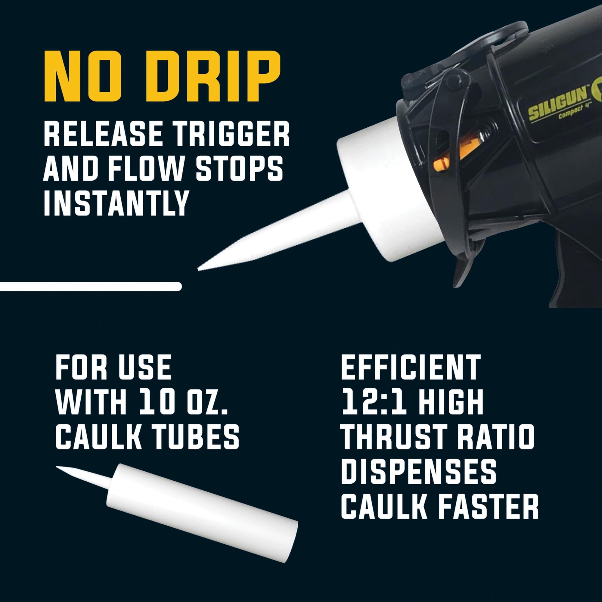 SILIGUN™ Compact Caulking Gun - No Drip Caulk Gun - Patented Design - Lightweight ABS Frame - Works with All 10 oz Tubes