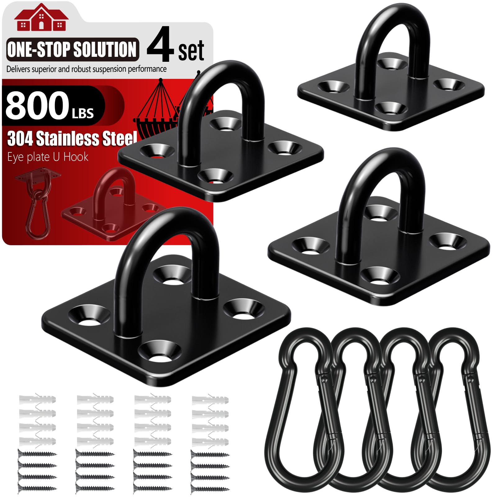 sprookber 304 Stainless Steel Pad Eye Snap Hooks, Heavy Duty Ceiling Hooks, Hammock Swing Hanging kit, Plant Hangers, Marine Hardware Staple Hook Loop with Screws, Set of 8