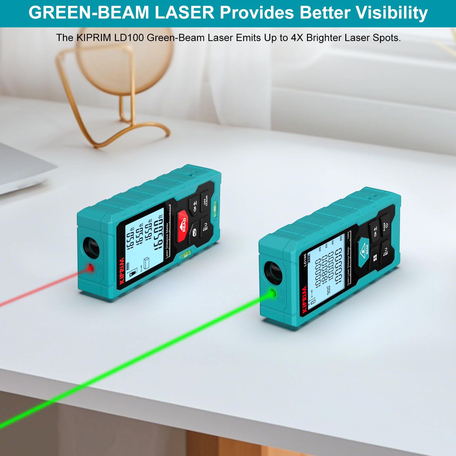 Kiprim LD100 Green Laser Distance Meter,328ft,Rechargeable,Electronic Level