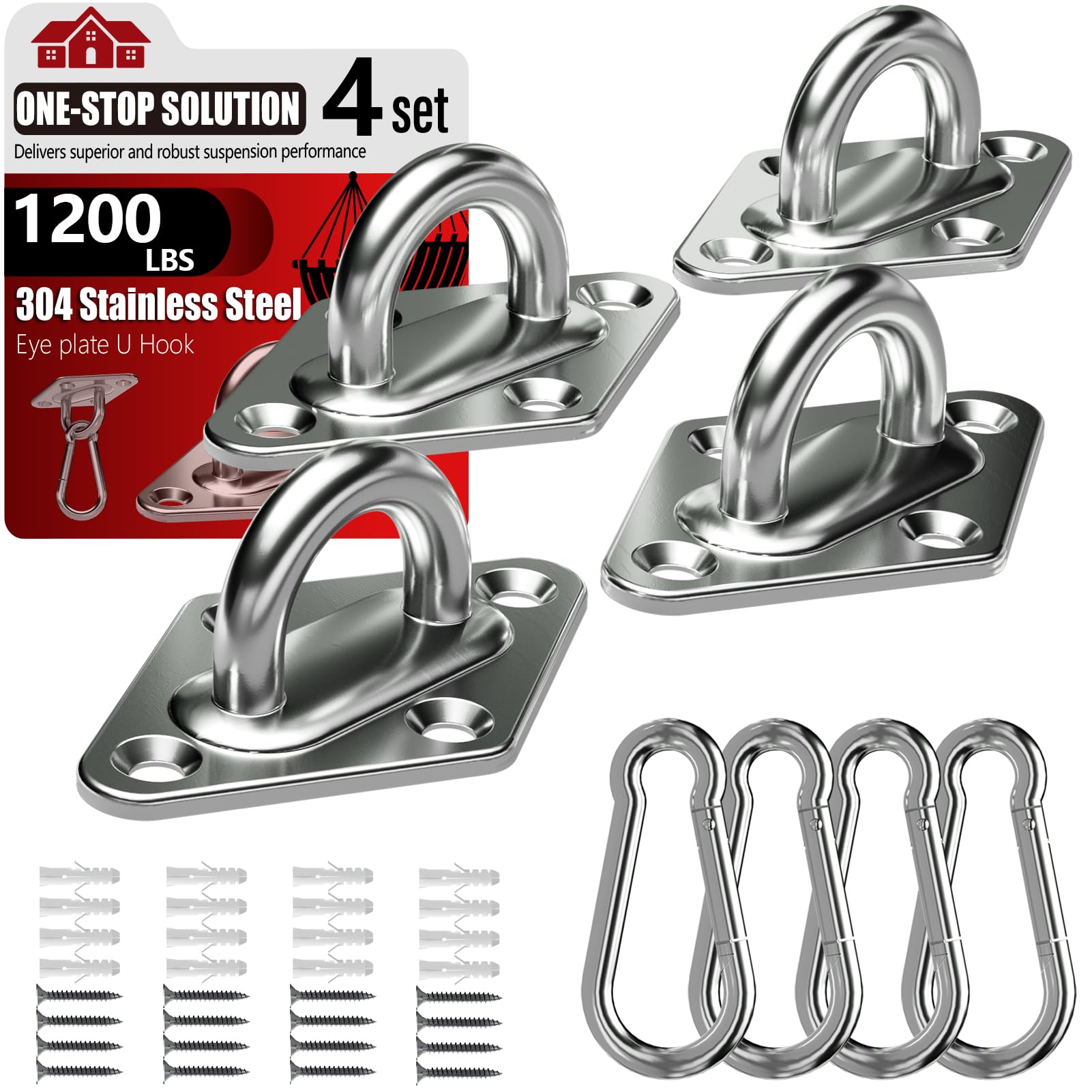 sprookber 304 Stainless Steel Pad Eye Snap Hooks, Heavy Duty Ceiling Hooks, Hammock Swing Hanging kit, Plant Hangers, Marine Hardware Staple Hook Loop with Screws, Set of 8