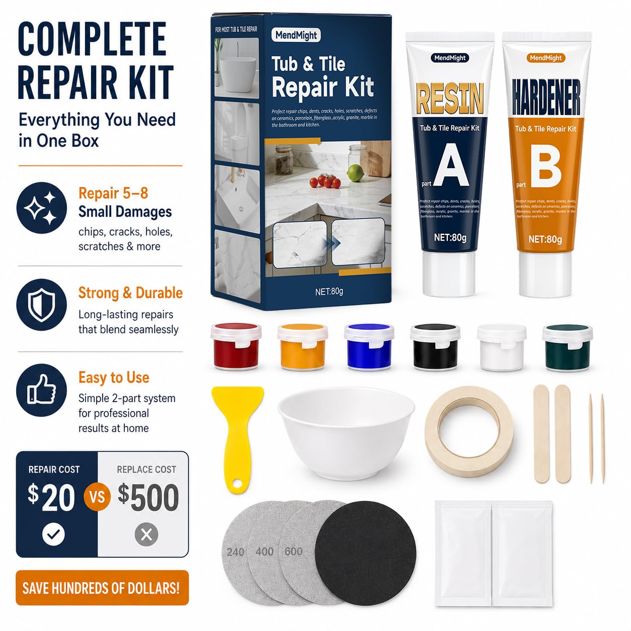 Tile and Bathtub Repair Bonding Adhesives Kit, Cracked Porcelain Sink Repair Kit, Tile Repair