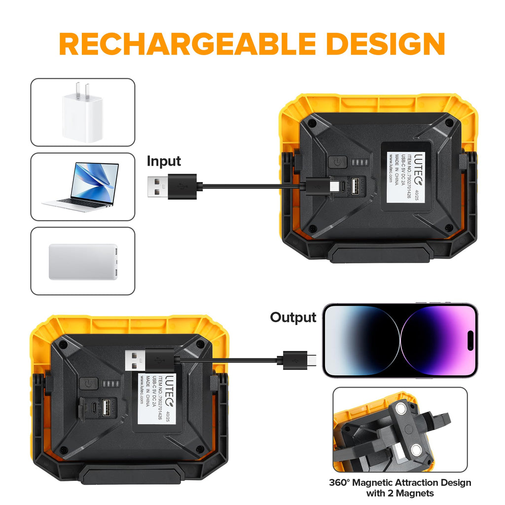 LUTEC 3500LM LED Work Light, Rechargeable Magnetic Work Lights with Stand, Portable 5000K Flood Light for Car Repair/Fishing/Camping/Emergency/Hiking, 3 Modes